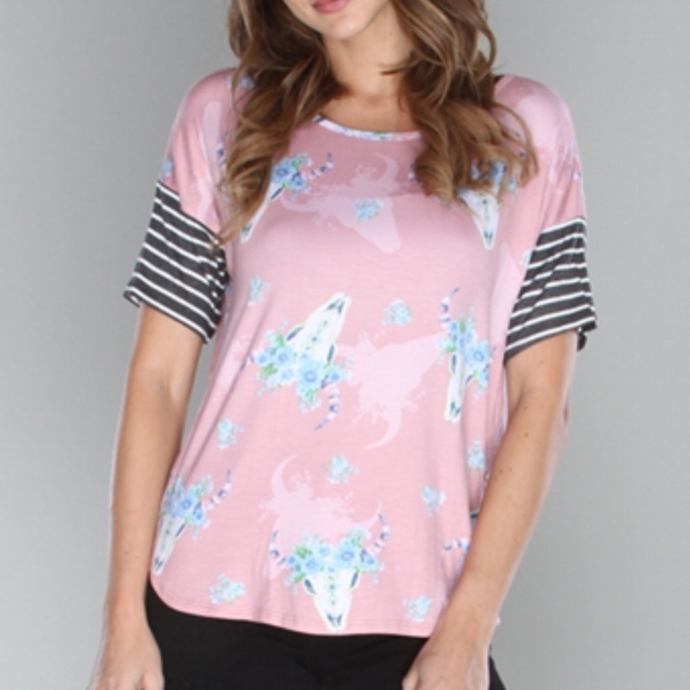 (Small) Mauve Mid Western Floral Cow Skull Top